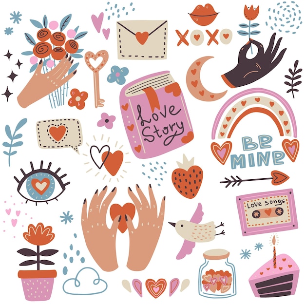 Vector hand drawn illustration valentine's day element set, stickers, for your design