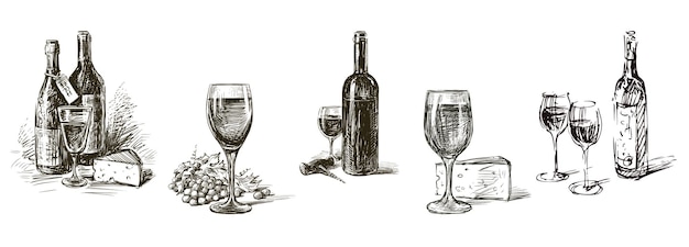 Vettore illustrazione disegnata a mano bicchieri da vino pezzo di formaggio bottiglie di vino grappolo d'uva maturo rullino.
