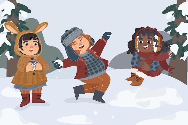 Vector hand drawn illustration of winter people