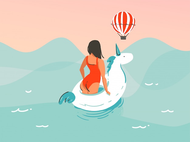 Hand drawn     illustration with a girl in a swimsuit swimming with a unicorn rubber ring  on ocean wave background