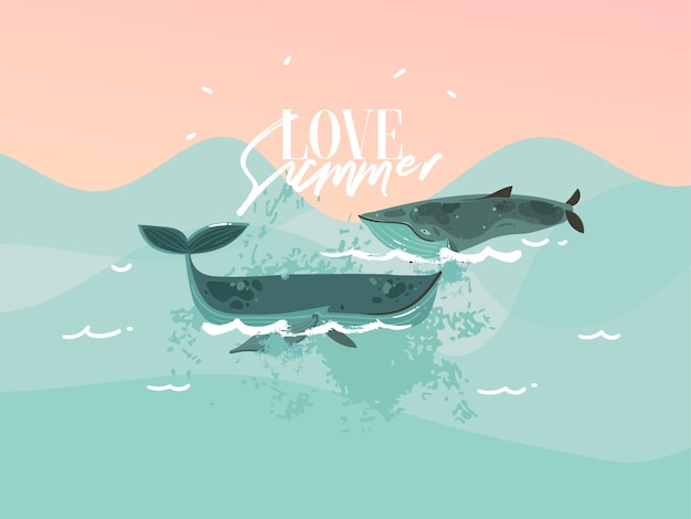 Вектор Вручите вычерченную иллюстрацию с счастливыми китами заплывания красоты и сценой океана захода солнца на голубой предпосылке цвета.