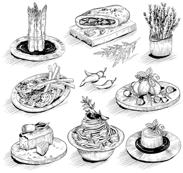 Hand drawn illustration with Mediterranean food