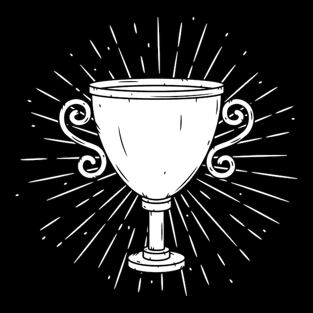 Vector hand drawn   illustration with a trophy cup and divergent rays.