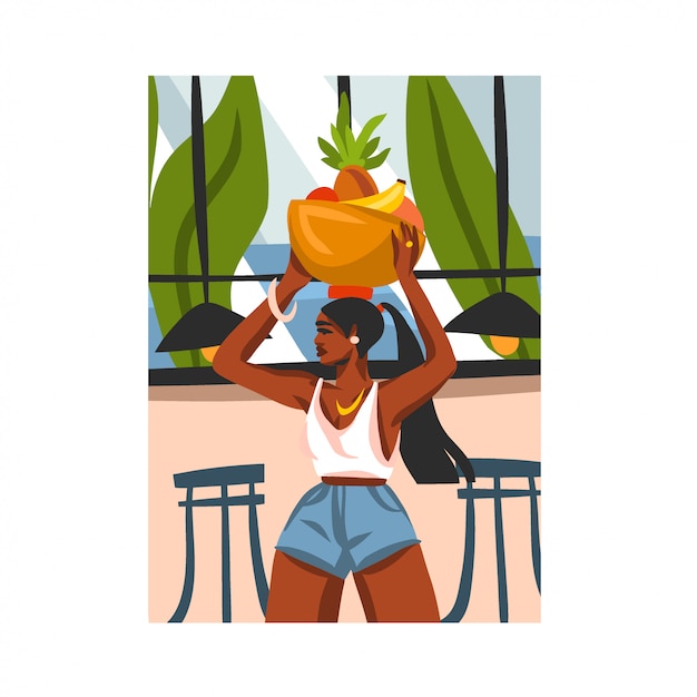 Hand drawn     illustration with young happy black afro  beauty female, carries a basket of fruit on his head in urban cafe  on white background