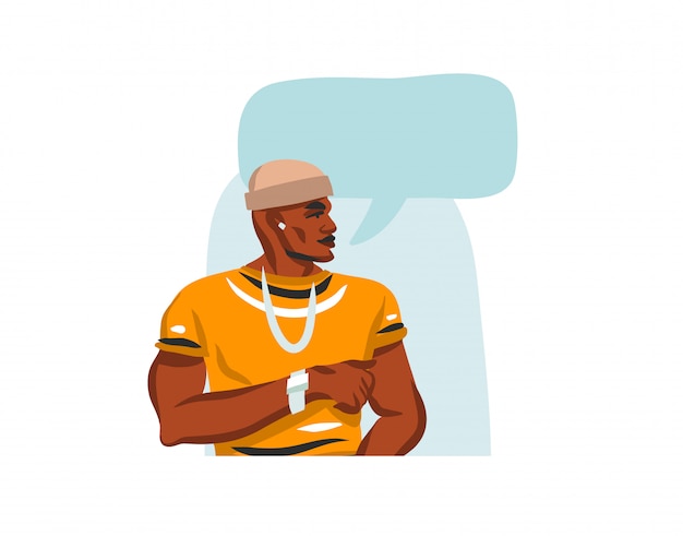 Hand drawn     illustration with young happy black   beauty manportrat , in fashion outfit and communication specch bubble chat  on white background.