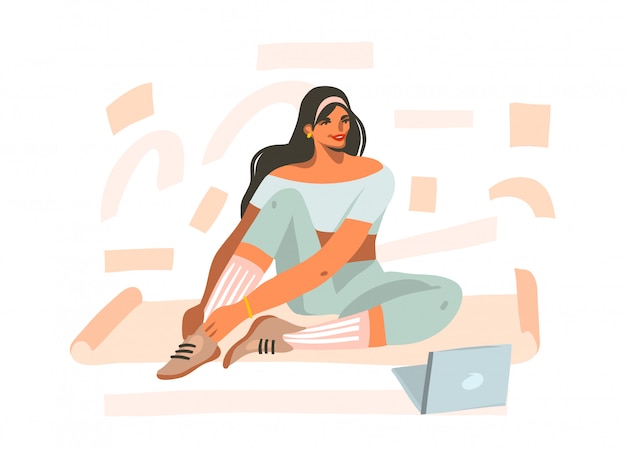 Hand drawn     illustration with young happy female, doing fitness on mat and watching online training video on tablet  on white background