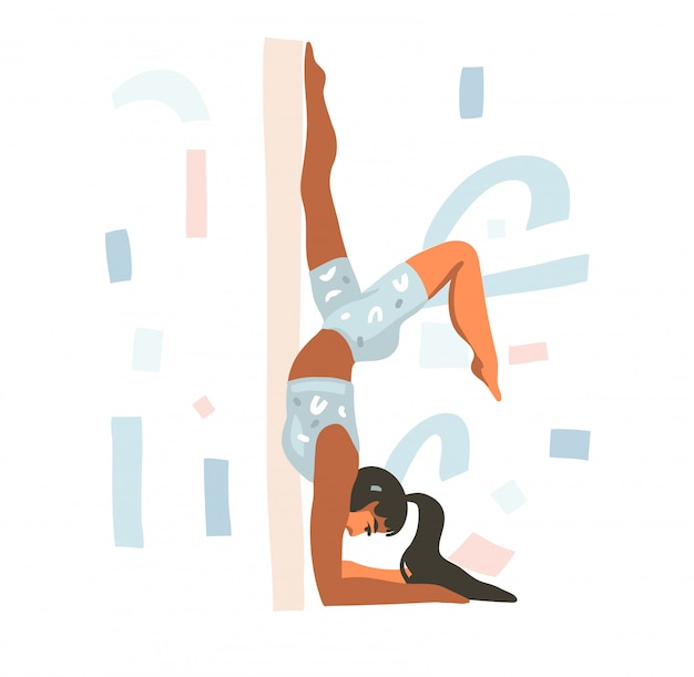 L'illustrazione disegnata a mano con la giovane femmina felice fa l'yoga posa a casa su fondo bianco