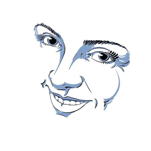 hand-drawn illustration of woman face, black and white mask with emotions. features of beautiful girl, posing for portrait. caucasian type model posing for portrait.