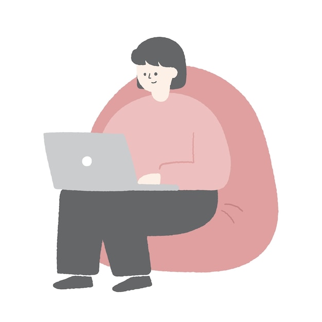 Hand drawn illustration of a woman working on the laptop