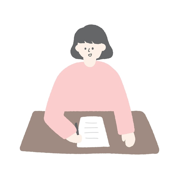 Hand drawn illustration of a woman writing on the desk