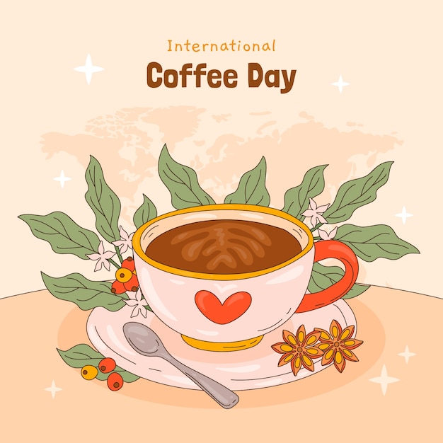 世界コーヒーデーの祝賀用の手描きイラスト
