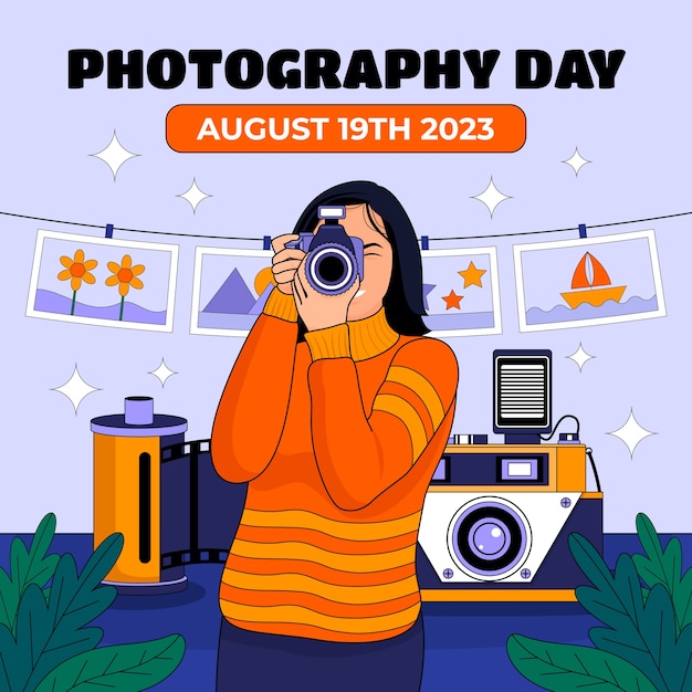 Vector hand drawn illustration for world photography day celebration