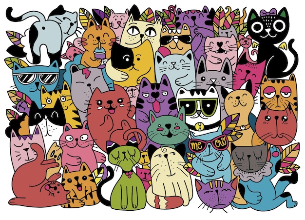 Vector hand drawn illustrations of cats characters. sketch style. doodle, different species of cats , illustration for children ,each on a separate layer.