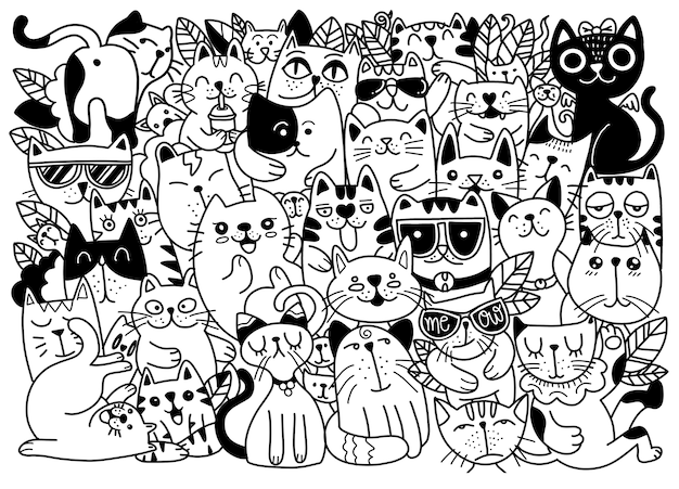고양이 캐릭터의 손으로 그린 그림. 스케치 스타일. 낙서, 다른 종의 고양이, 어린이를위한 그림, 색칠하기 책에 대한 그림, 각각 별도의 레이어에 있습니다.