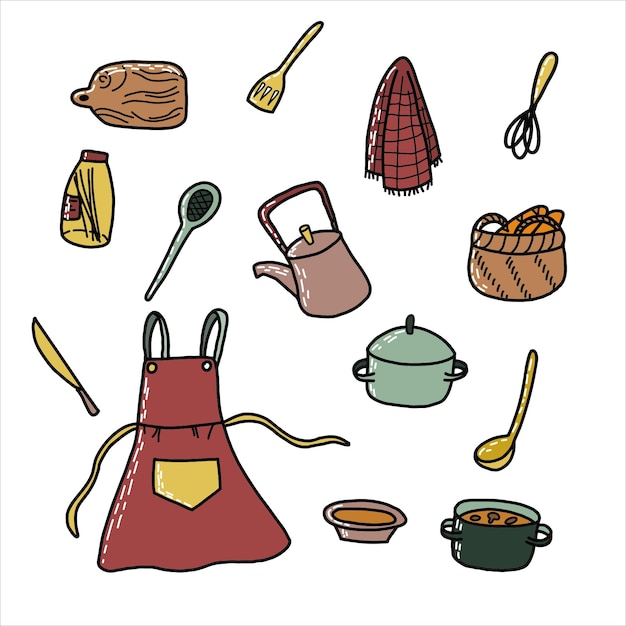 Illustrazioni disegnate a mano di utensili da cucina. lo sfondo è costituito dalle icone degli utensili da cucina