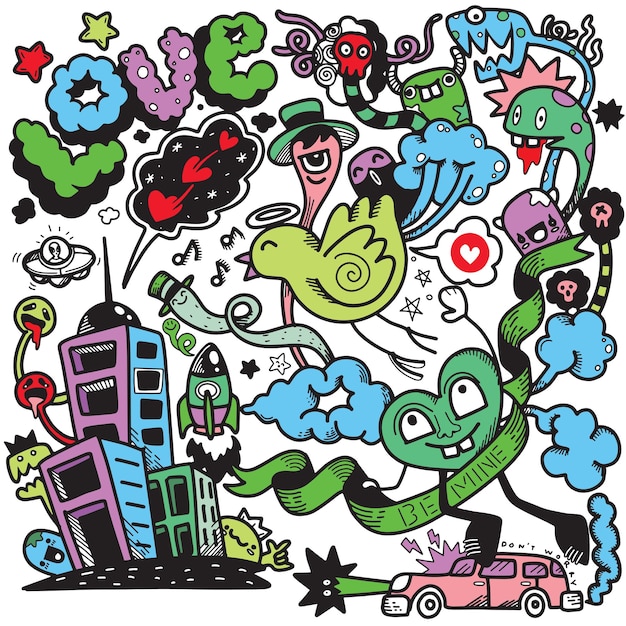 Vector hand drawn illustrations monsters doodle  mixed style cute icons