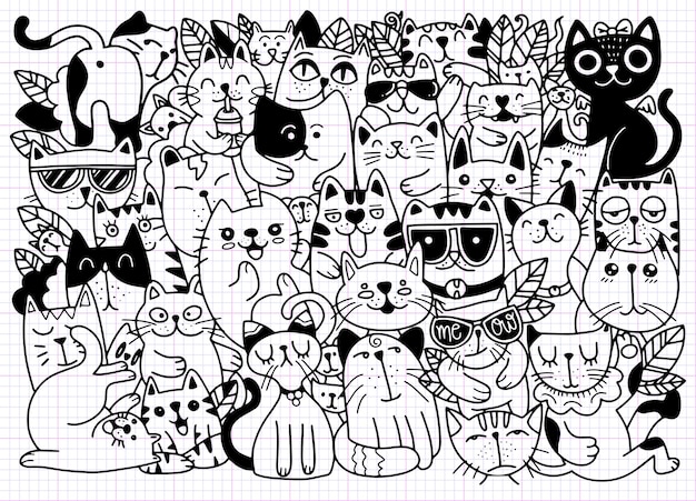 猫のキャラクターの手描きイラスト。スケッチスタイル。落書きイラスト