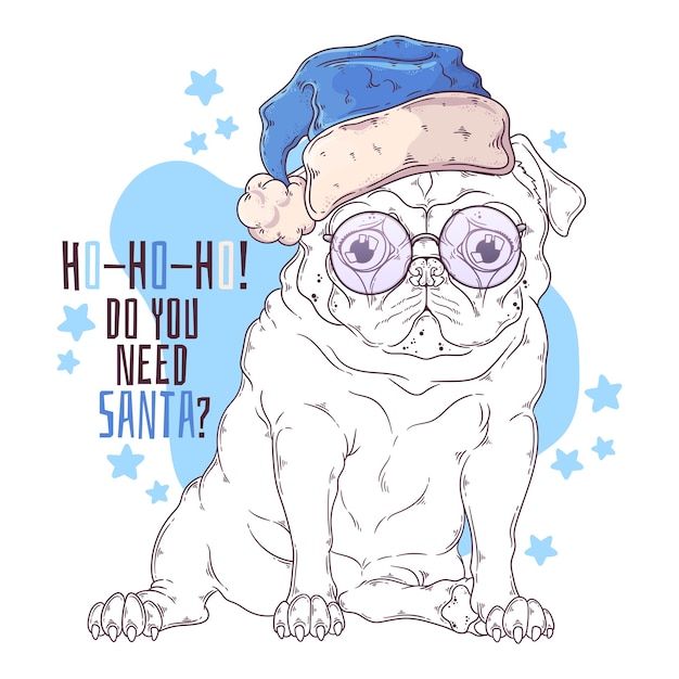 Vector hand drawn illustrations. portrait of cute pug dog in santa hat.