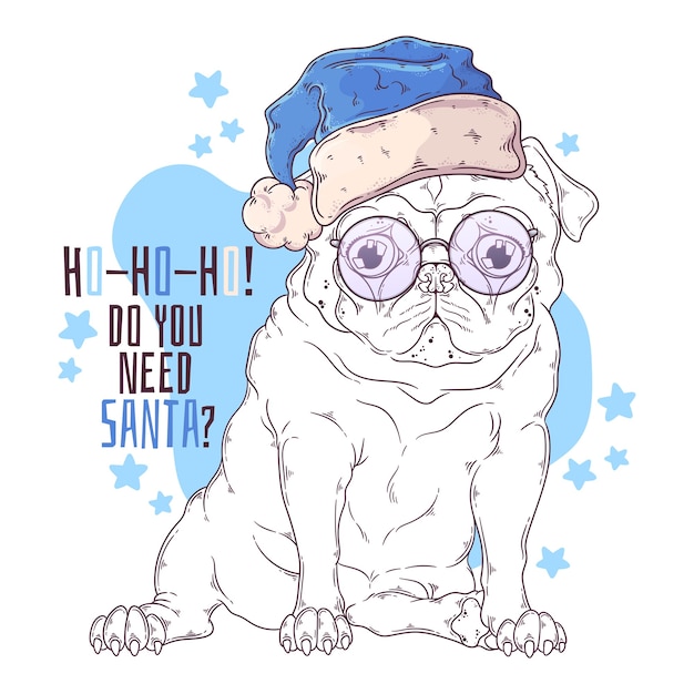 Hand drawn illustrations. portrait of cute pug dog in santa hat.