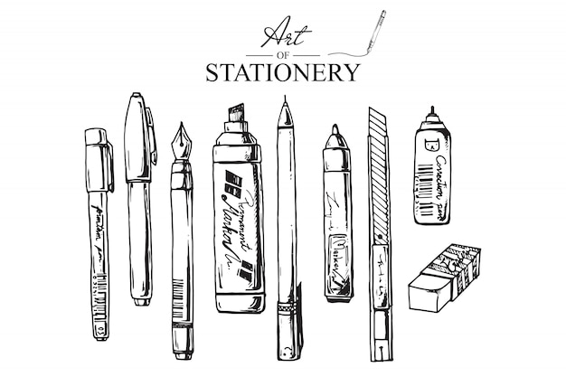 Illustrazioni disegnate a mano per la cancelleria. set di forniture scolastiche. vettore