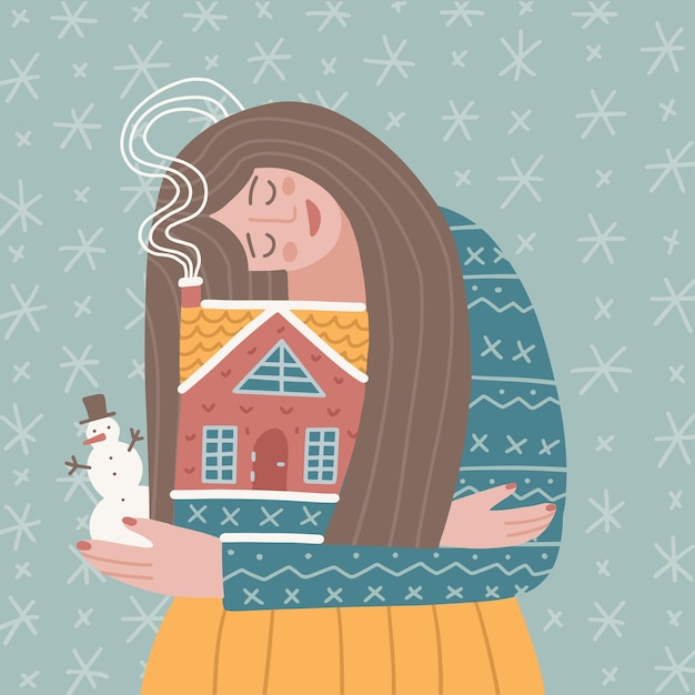 Hand drawn image of a young woman with small house in her hands cute female character girl hugs and ...