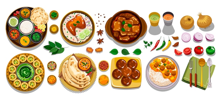 Vector hand drawn indian food collection
