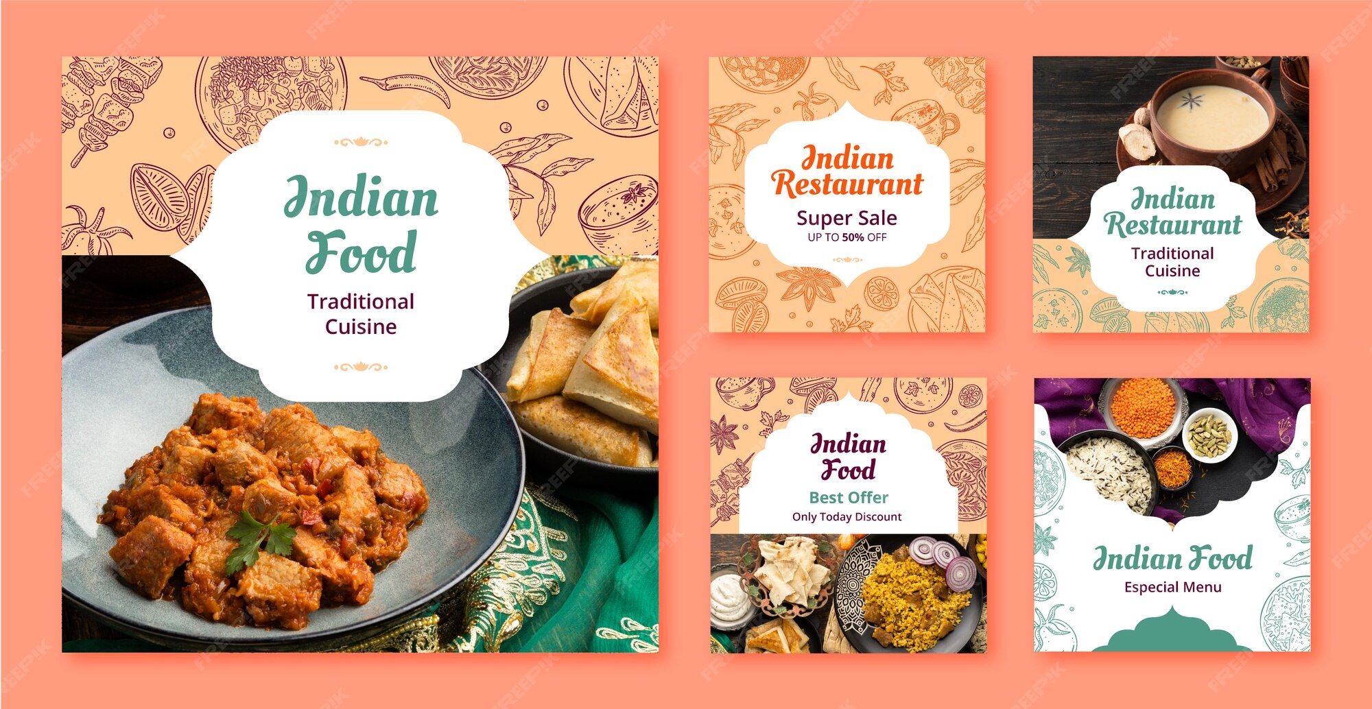 Premium Vector | Hand drawn indian food restaurant instagram posts