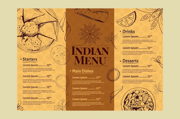 Modello di menu indiano disegnato a mano