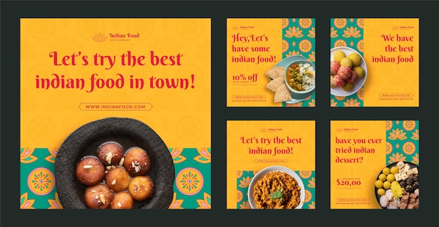 Vector hand drawn indian restaurant instagram posts template