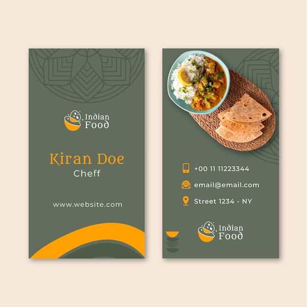 Hand drawn indian restaurant vertical business card