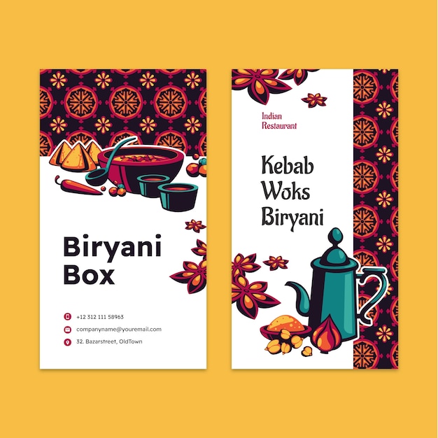 Hand drawn indian restaurant vertical business card