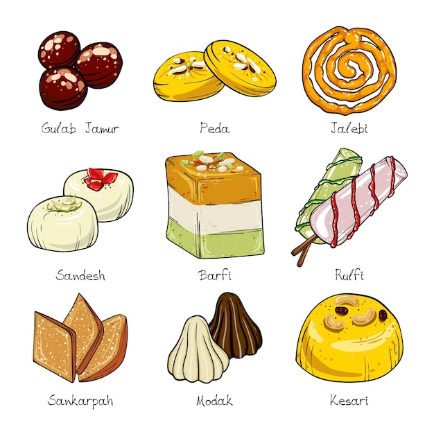 Vector hand drawn indian sweet collection