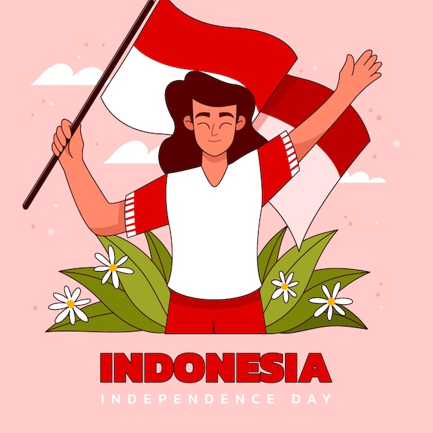 Vettore illustrazione disegnata a mano del giorno dell'indipendenza dell'indonesia con la persona che sventola e tiene la bandiera