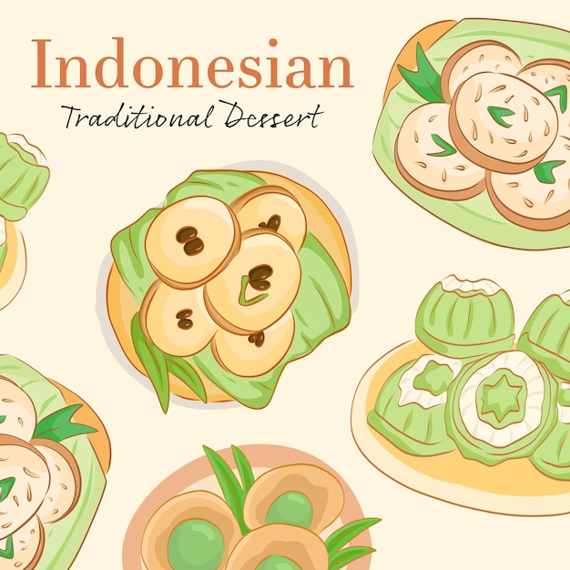 Вектор Нарисованная рукой иллюстрация набора индонезийской традиционной еды