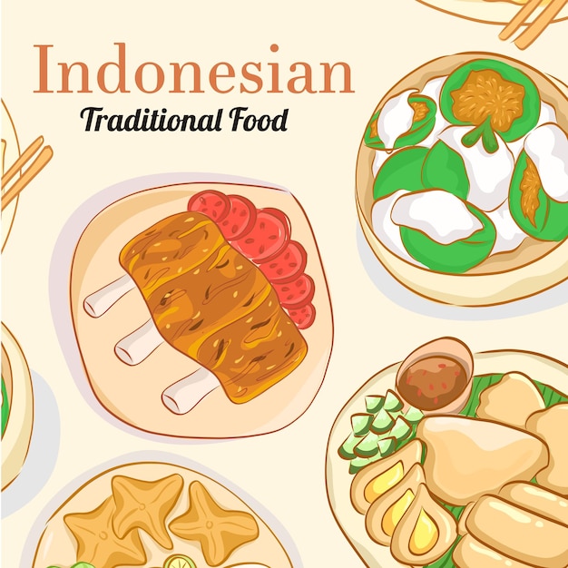 手描きのインドネシアの伝統的な食べ物セットの図