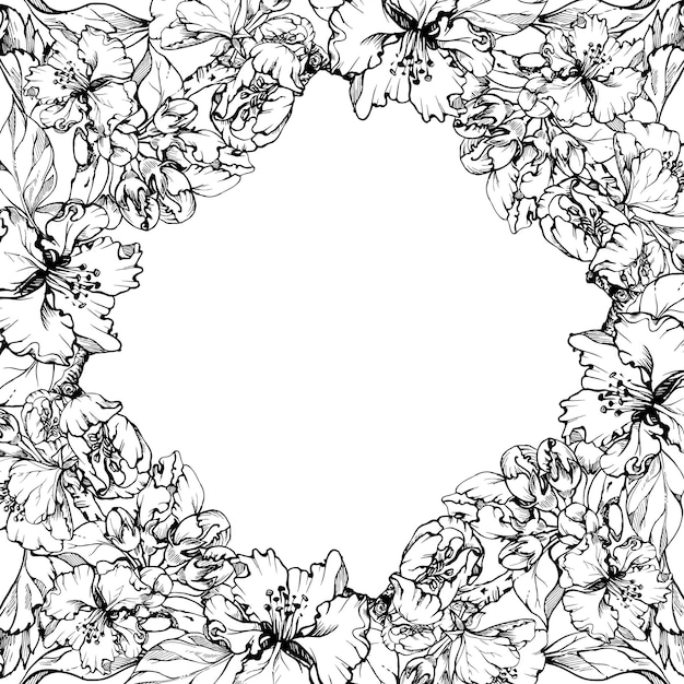 ベクトル 手描きのインクのリンゴの花の枝と葉モノクロ ベクトル詳細なアウトライン花白い背景に分離された円形の花輪ウォール アート ウェディング プリント生地カバー カードのデザイン