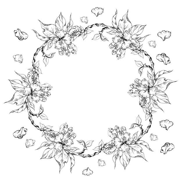 Hand drawn ink apple flowers branches and leaves monochrome vector detailed outline blossom circle round wreath isolated on white background design for wall art wedding print fabric cover card