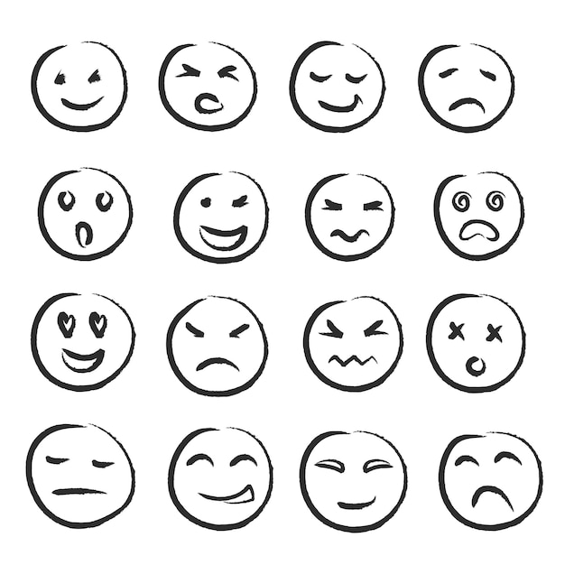 Vector hand drawn ink emojis faces doddle emoticons sketch ink brush icons of happy sad face