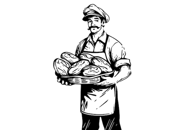 Hand drawn ink sketch of male baker with baked bread on a tray Engraved style vector illustration