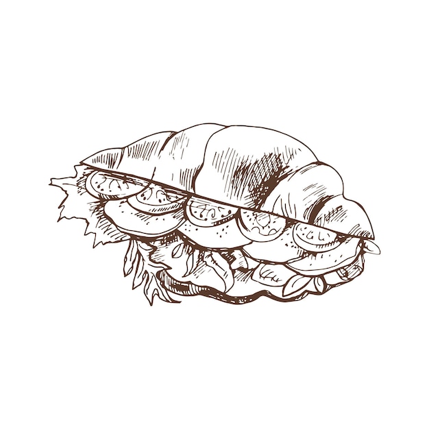 Ручной рисунок чернил эскиз круассана, фаршированного салатным сыром и помидорами векторная иллюстрация пищевые элементы для дизайна меню винтажный завтрак