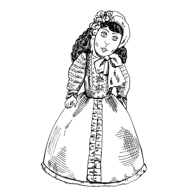 Uno schizzo di inchiostro disegnato a mano di una bambola vintage in illustrazione vettoriale
