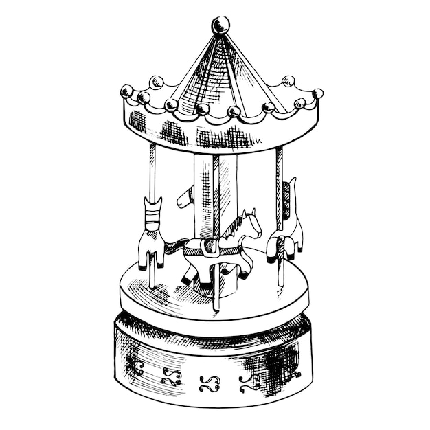 A hand drawn ink sketch of a vintage toy carousel in vector illustration