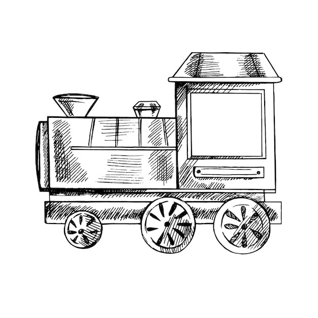 Vettore uno schizzo di inchiostro disegnato a mano di un trenino vintage in illustrazione vettoriale