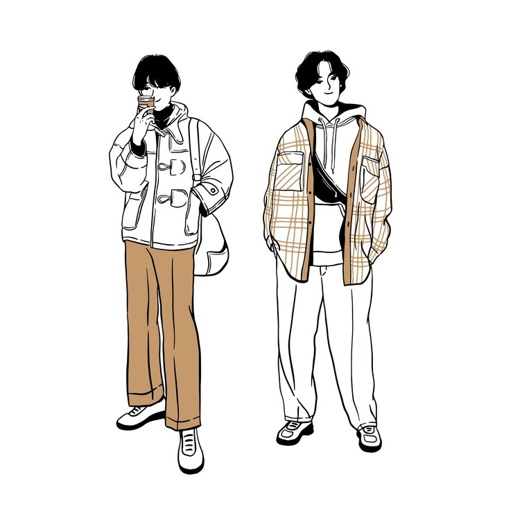 Vector 手描きインク ストリート ファッションを見てください。スタイリッシュでトレンディな特大の服を着た若い男性。モデルva