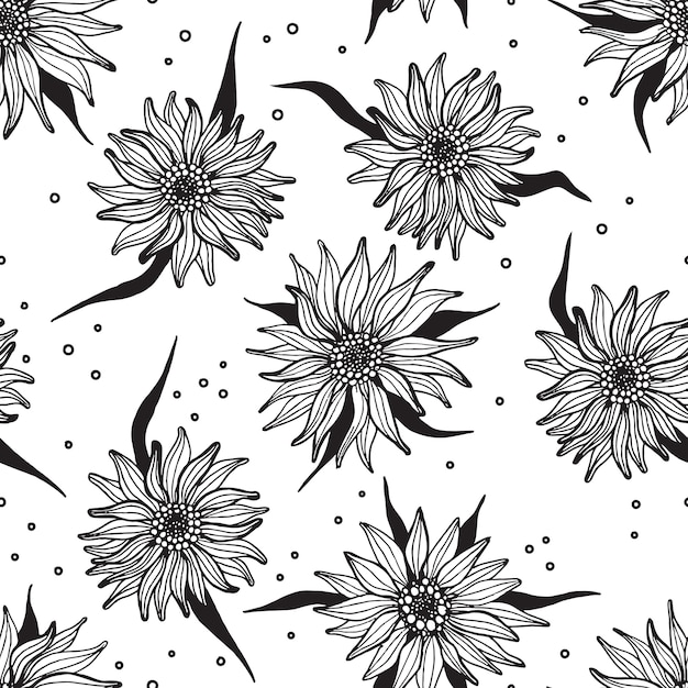 Hand drawn ink sunflower seamless pattern. black and white flowers vector illustration