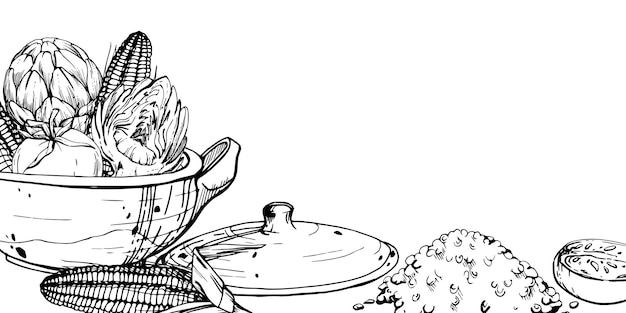 hand drawn ink vector illustration cooking pot ceramics vegetable stew maize corn quinoa south american cuisine horizontal frame isolated white background design travel vacation brochure print