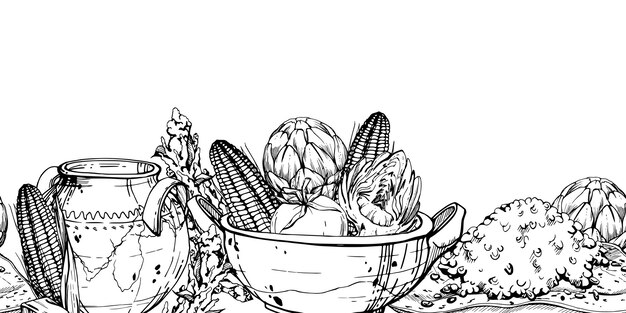 hand drawn ink vector illustration cooking pot ceramics vegetable stew maize corn quinoa south american cuisine seamless banner isolated on white background design travel vacation brochure print