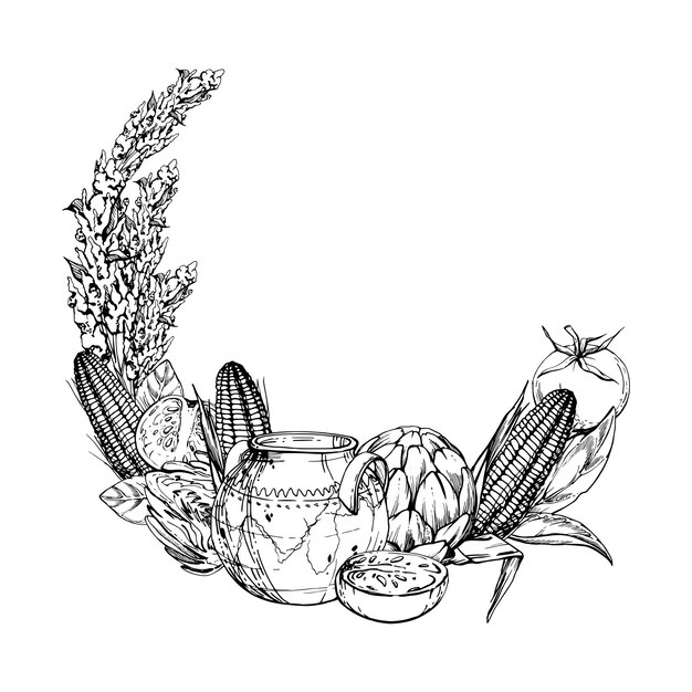 hand drawn ink vector illustration cooking pot ceramics vegetable stew maize corn quinoa south american cuisine wreath frame isolated on white background design travel vacation brochure print