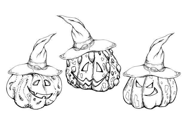 Hand drawn ink vector witch pumpkins in pointy hats jackolantern Sketch illustration art for Halloween party witchcraft Isolated object outline Design shops logo print website card costume