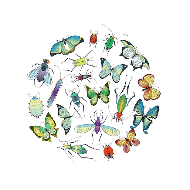  hand drawn insects in circle shape illustration